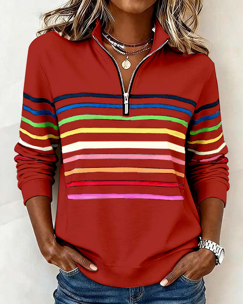 Adelyn | Striped Quarter-Zip Knit Sweater with Ribbed Cuffs