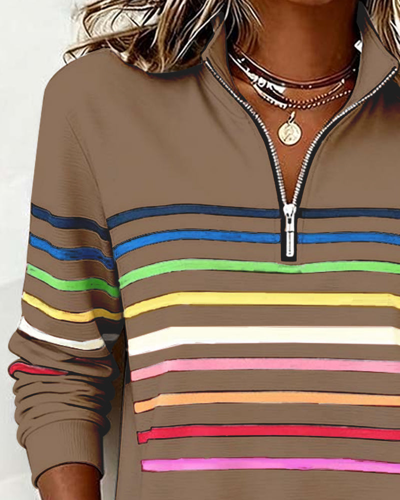 Adelyn | Striped Quarter-Zip Knit Sweater with Ribbed Cuffs