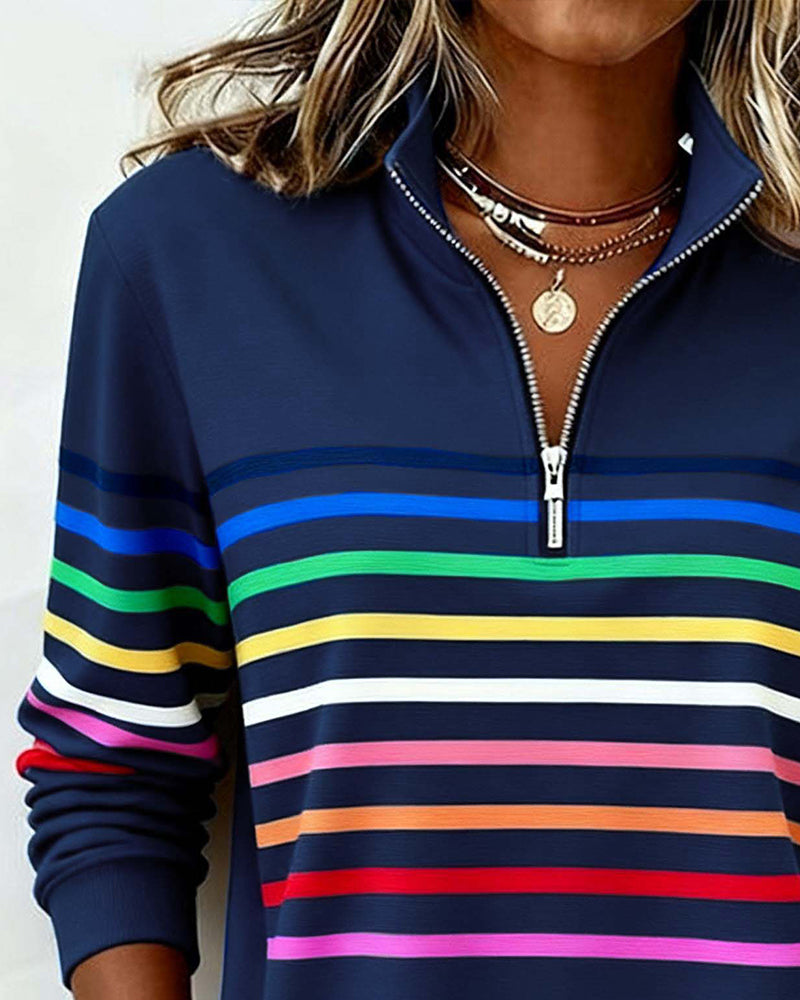 Adelyn | Striped Quarter-Zip Knit Sweater with Ribbed Cuffs
