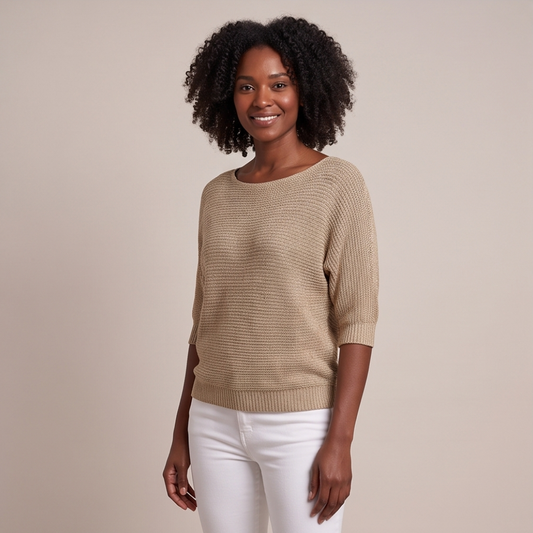 Cuffed Sleeve Knit Sweater - Beige
