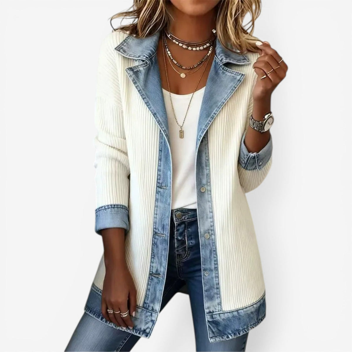 Mackenzie | Button-Front Denim-Inspired Knit Jacket