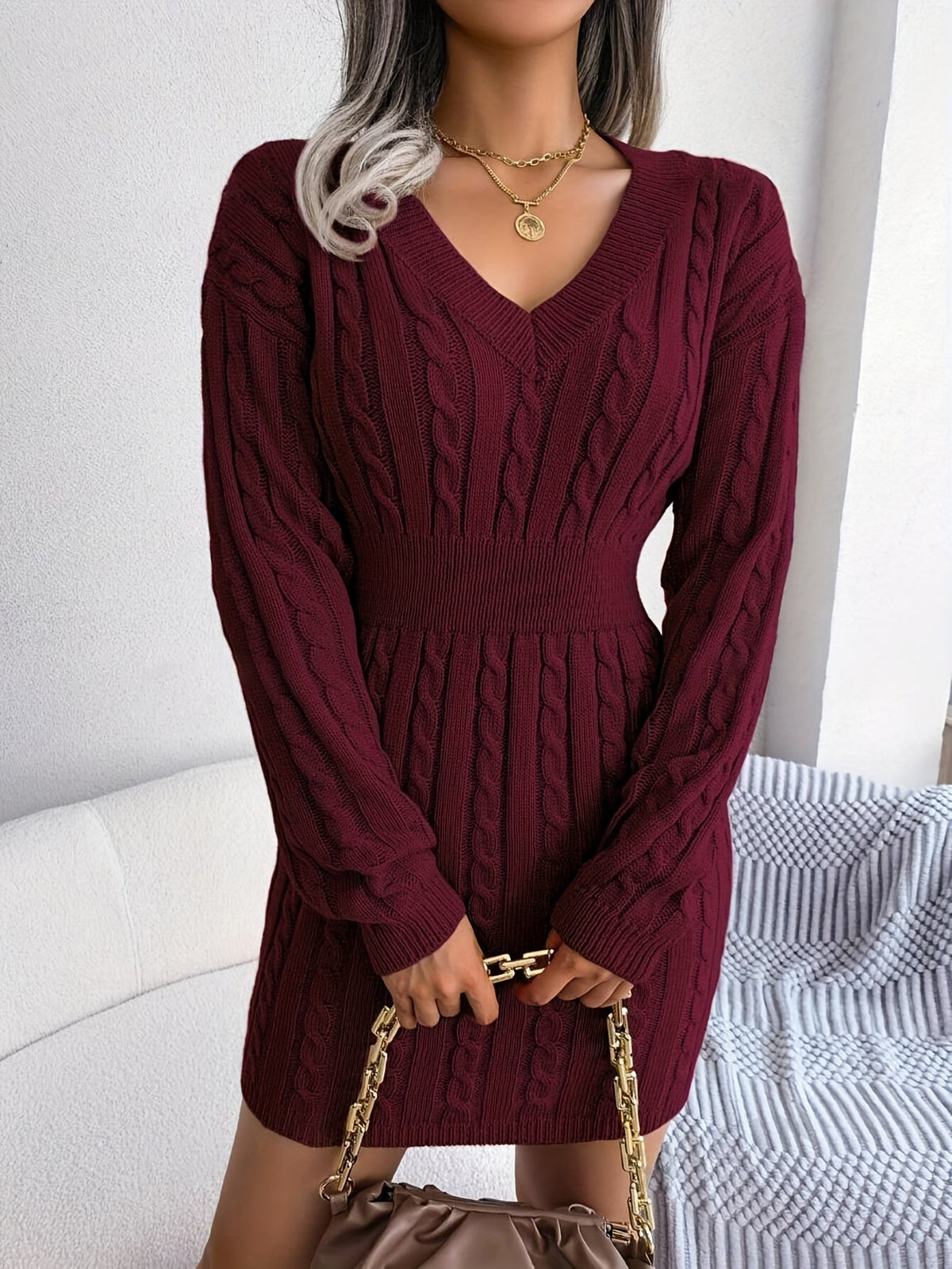 Madeline | Cable-Knit Sweater Dress with Peplum Waist