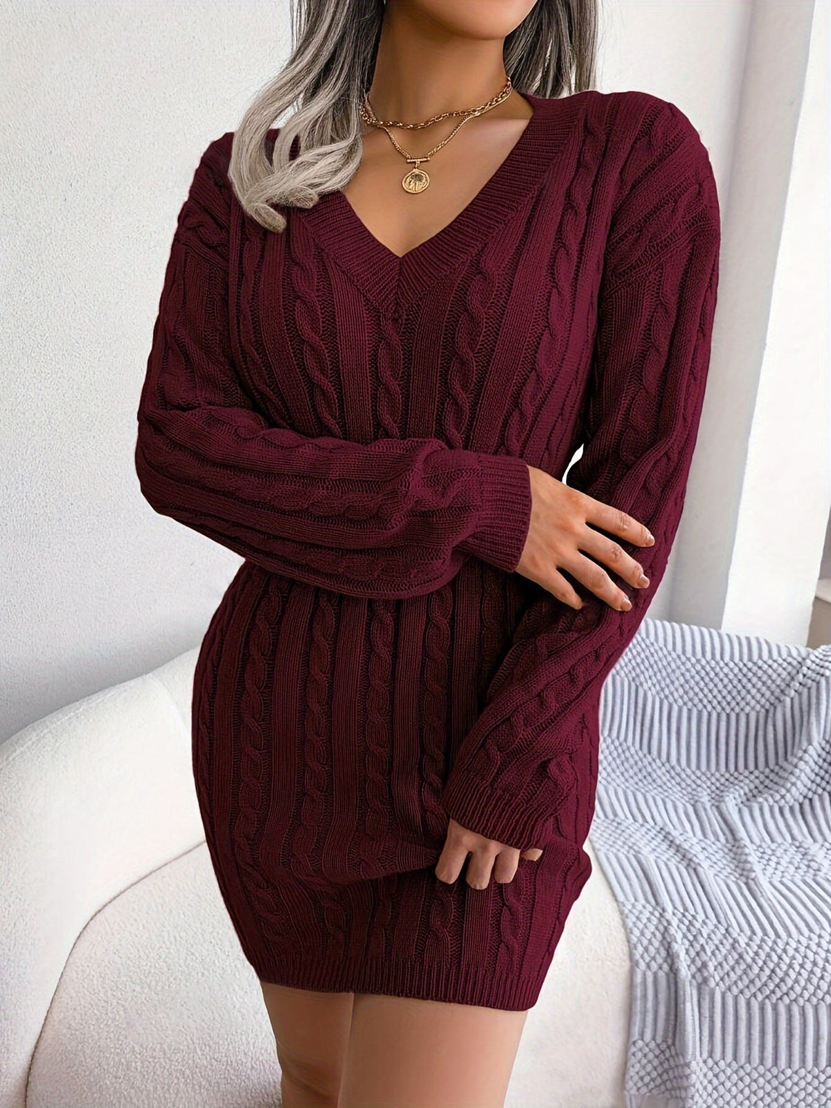 Madeline | Cable-Knit Sweater Dress with Peplum Waist