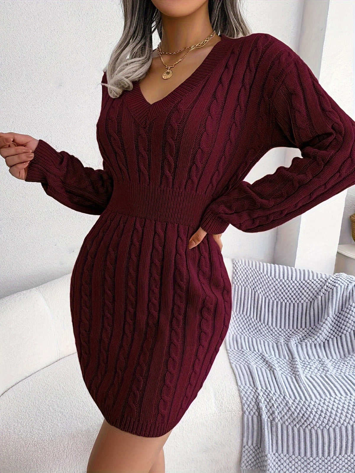Madeline | Cable-Knit Sweater Dress with Peplum Waist