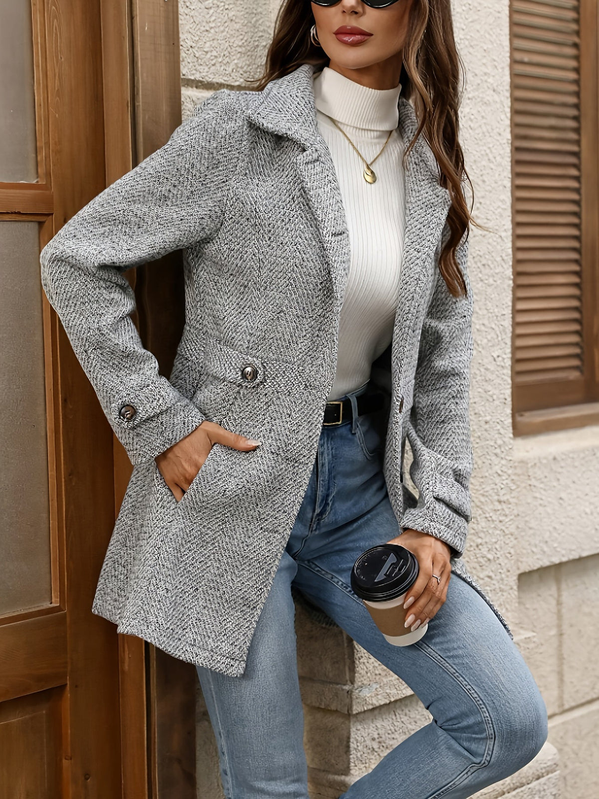 Norah | Button Front Waist-Defining Herringbone Coat