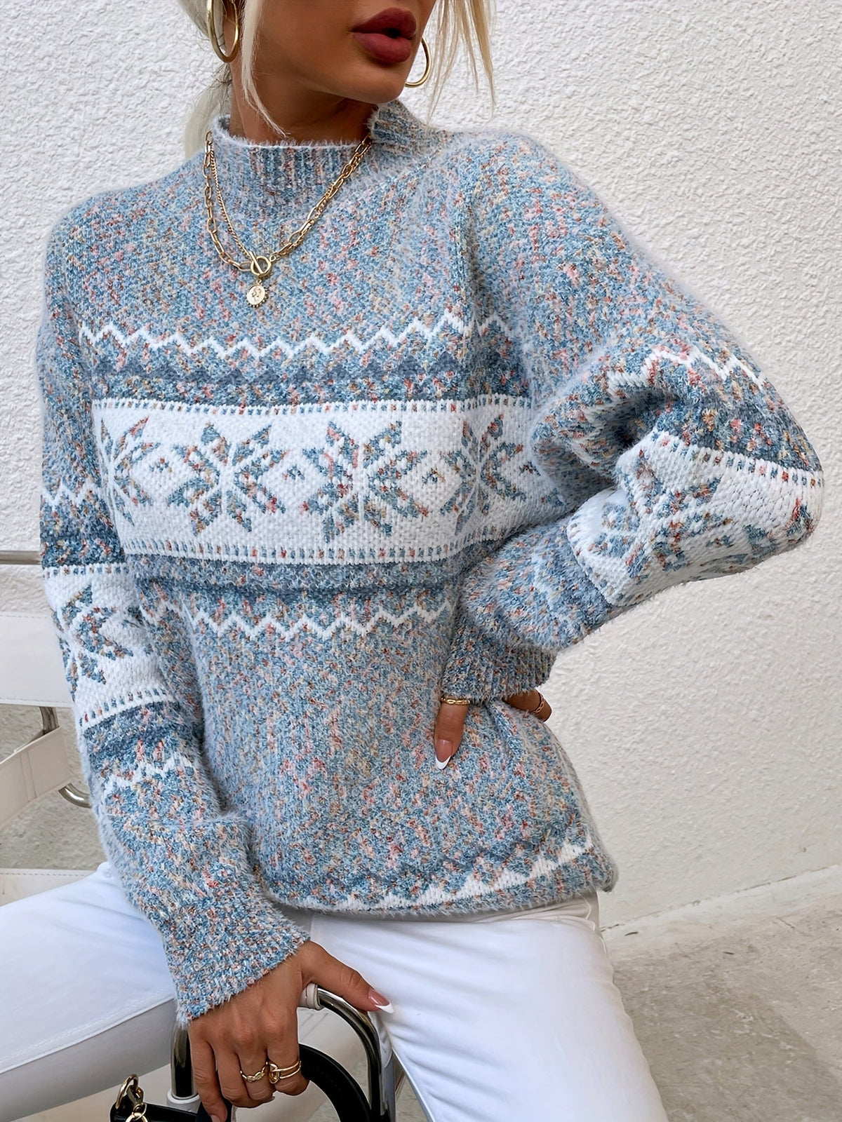 Aurora | Cozy Snowflake Pattern Mock-Neck Sweater